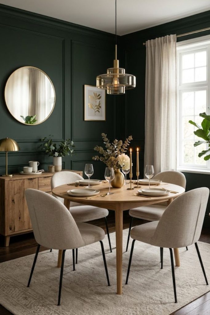 Dark Green Walls with Light Furniture