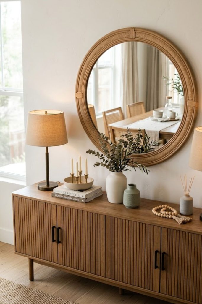 Decorative mirror above sideboard to balance symmetry
