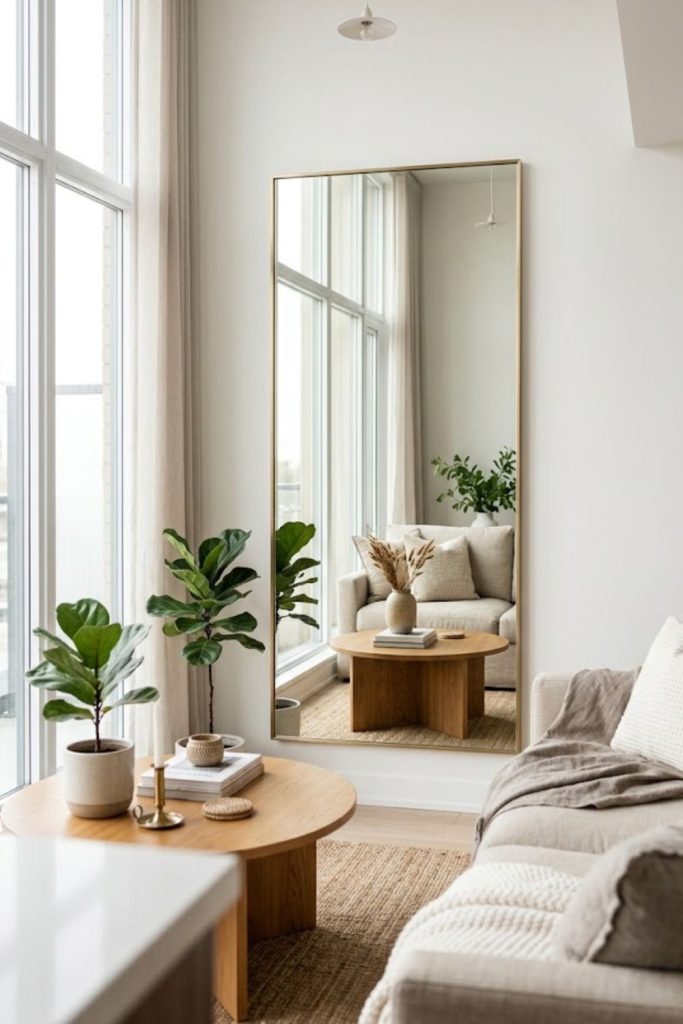 Full-length mirror behind seating to multiply the view