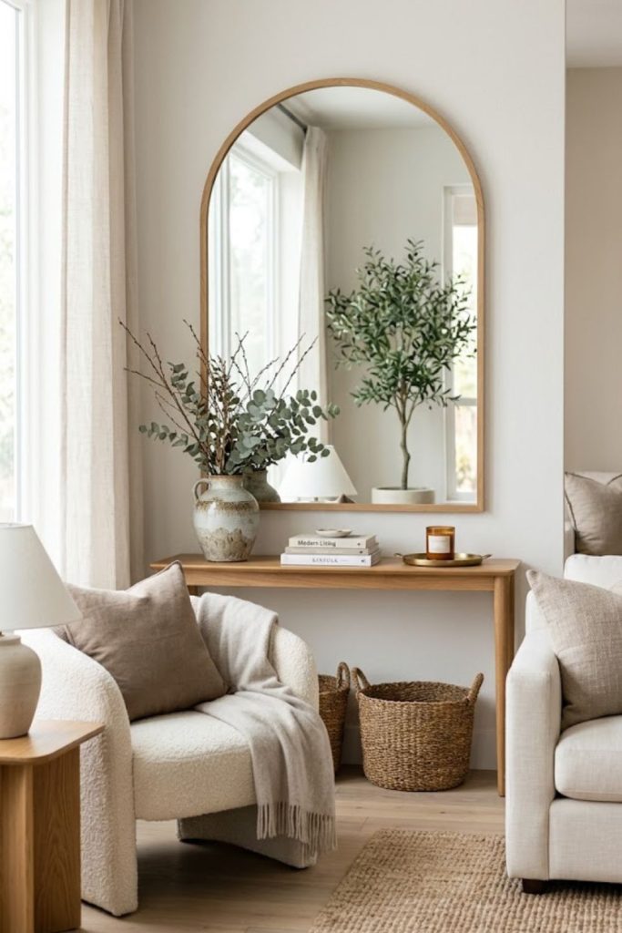 Half-moon or arched mirrors to soften straight lines