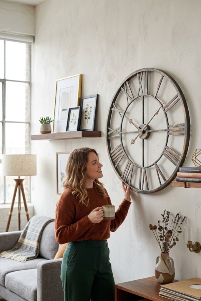 Large wall-mounted clock with decorative accents
