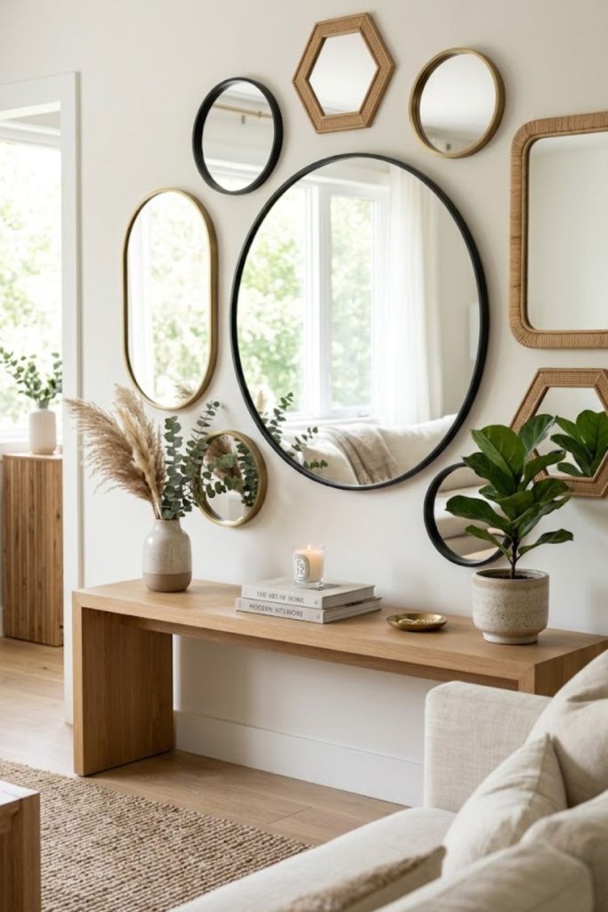  Mirror gallery wall with mixed shapes and frames