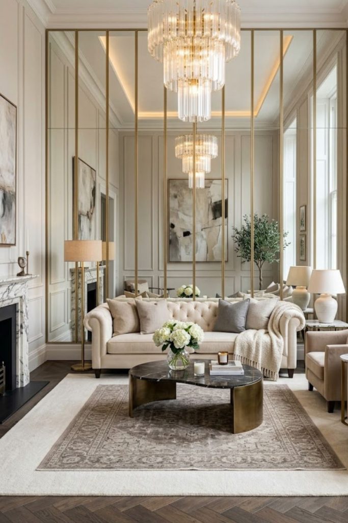  Mirrored panels as a feature wall for glamour