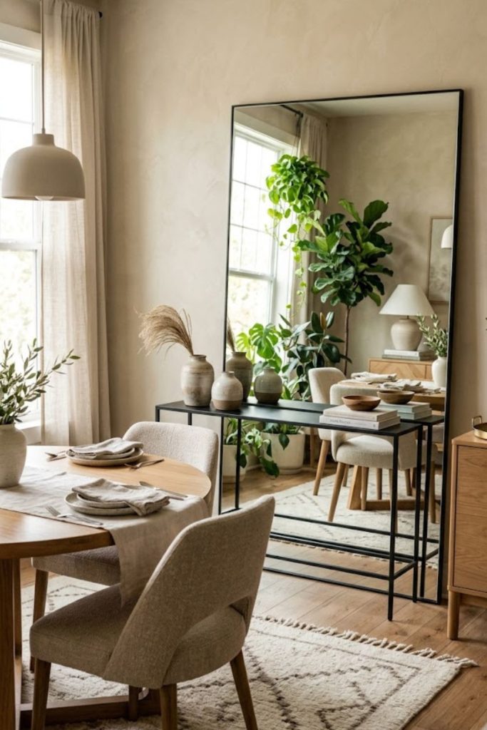 Oversized floor mirror leaned against a wall for instant depth