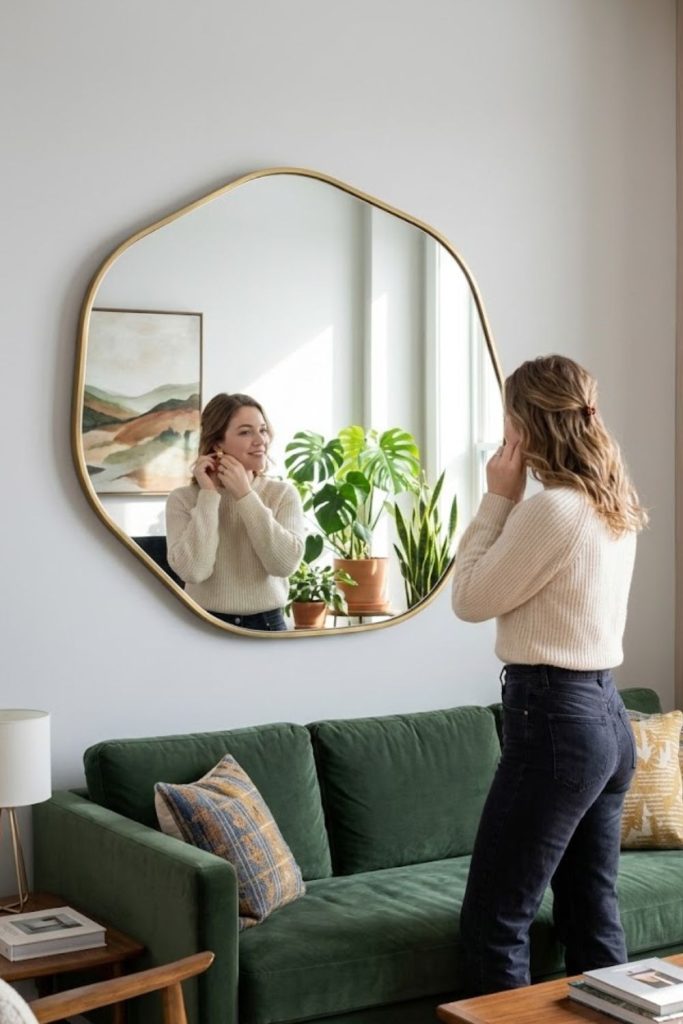 Oversized statement mirror above the sofa