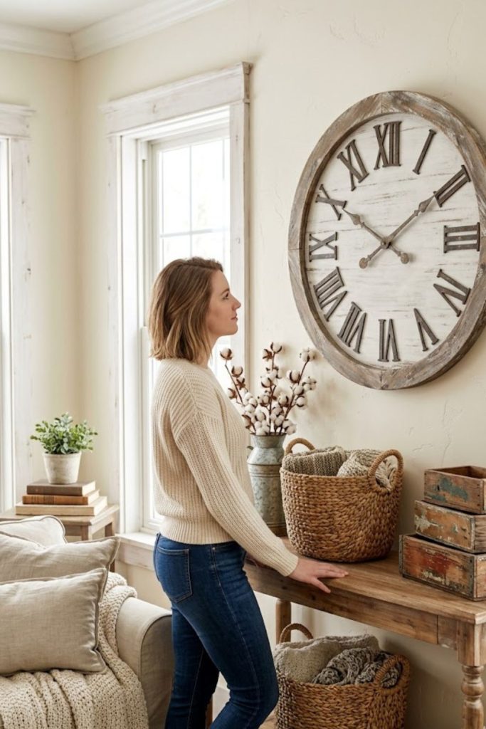 Rustic farmhouse clock paired with vintage crates and baskets
