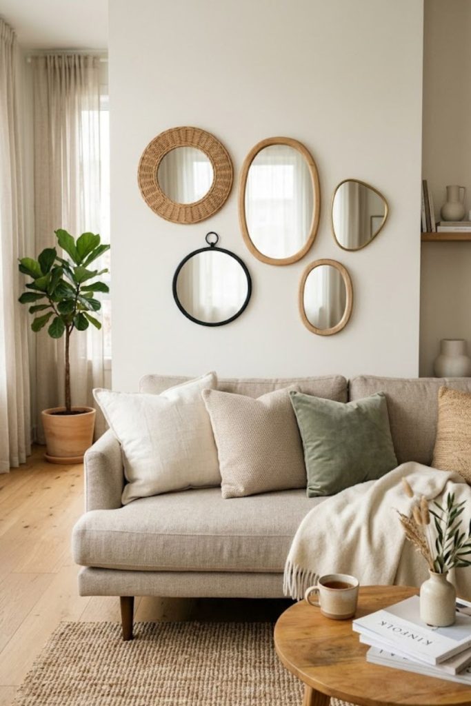  Small decorative mirrors grouped over a sofa for texture
