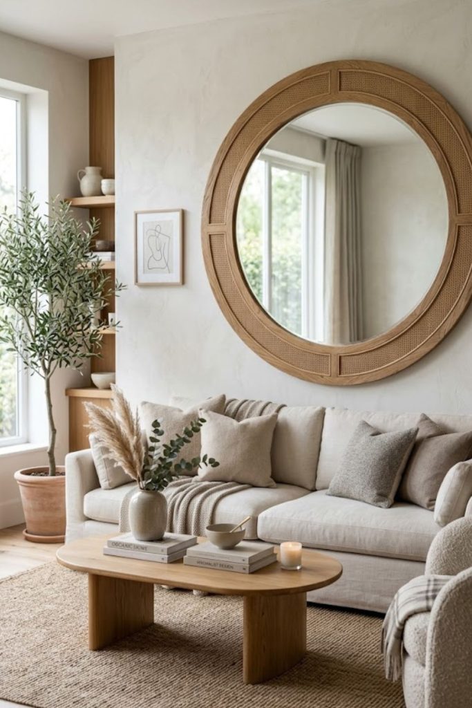 Statement round mirror with oversized frame as a room anchor
