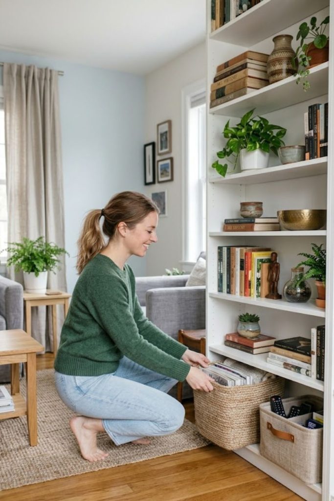 Use Neutral Baskets for Hidden Storage at Lower Shelves