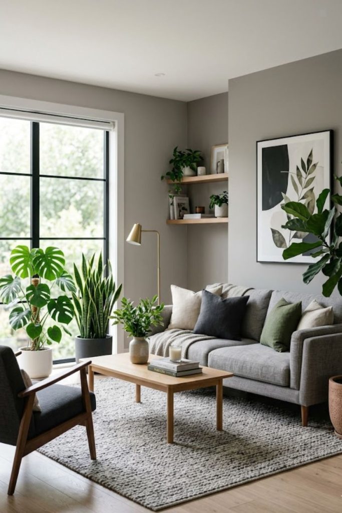 Grey living room with greenery