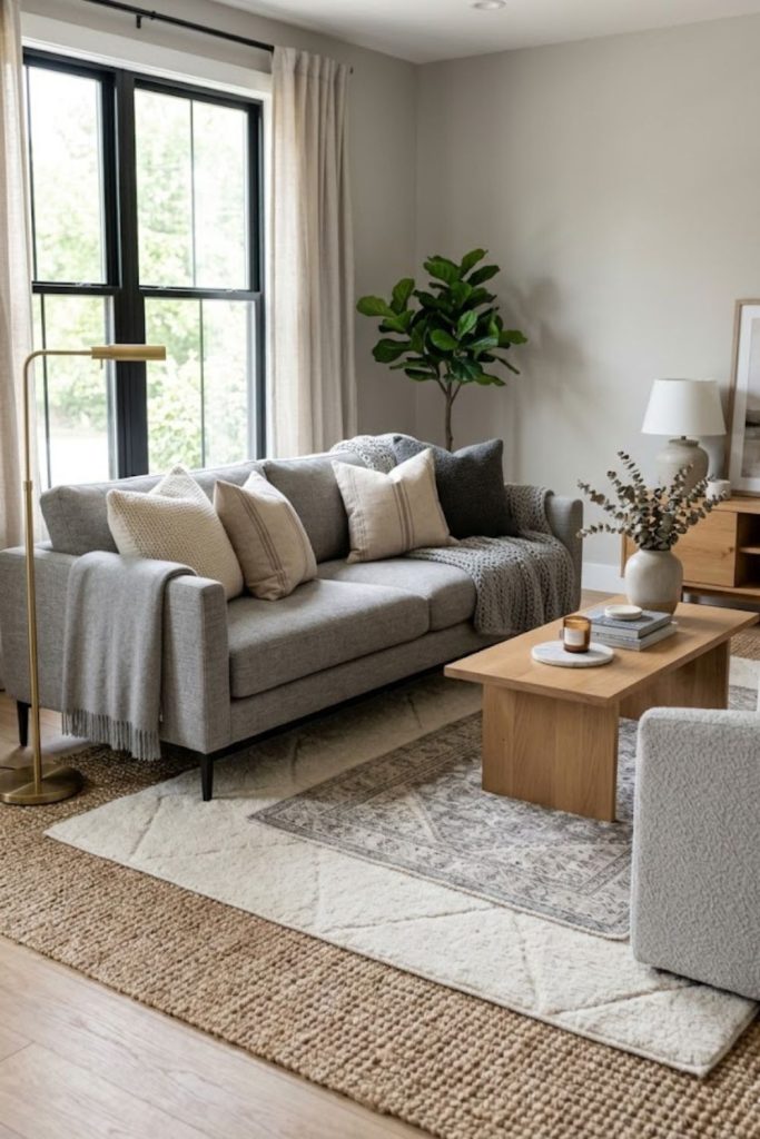Grey living room with layered rugs