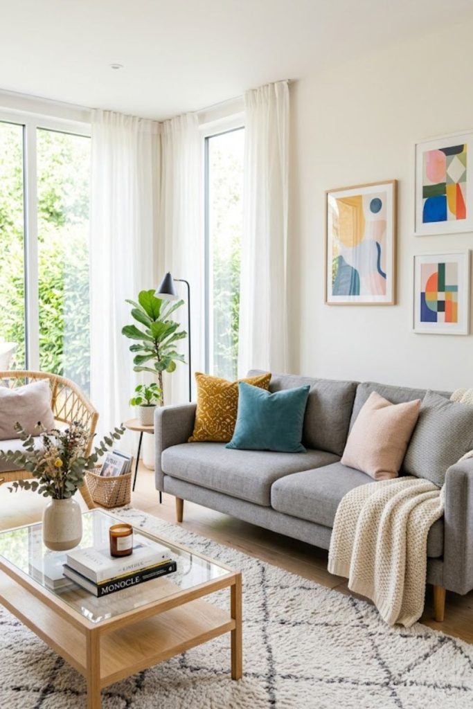Grey sofa with colorful accents