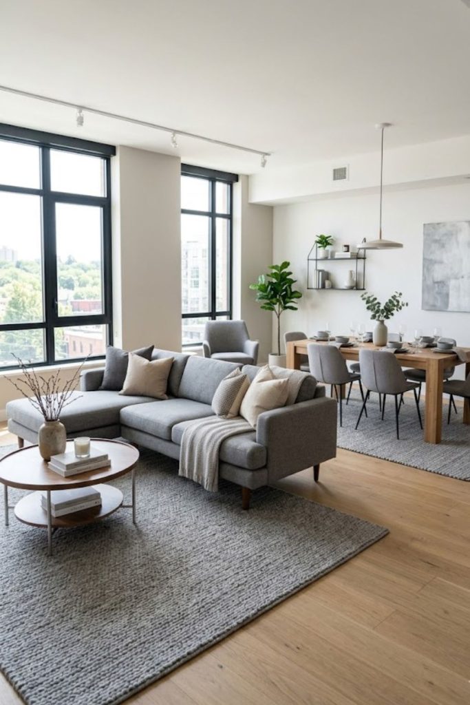 Open-plan grey living room
