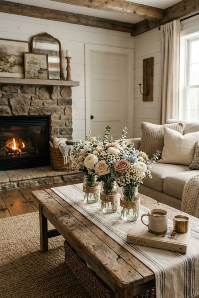 mason jars with fresh or faux flowers