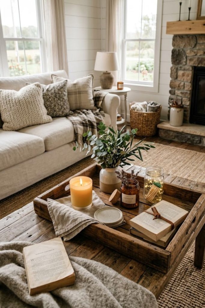 rustic wooden tray centerpiece